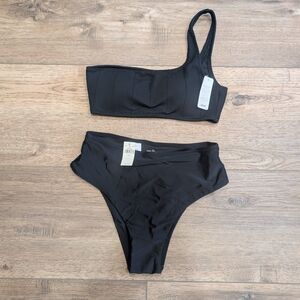 Aerie Black One-Shoulder Bikini Set